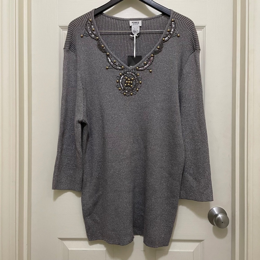 NEW Monroe & Main Embellished Beaded V Neck‎ Sweater Knit Top Silver Metallic 3X